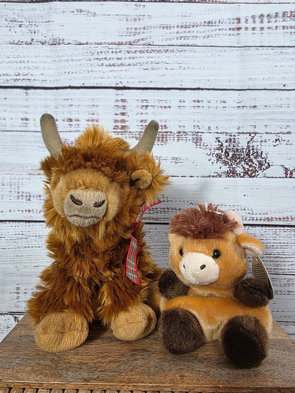 Palm Pals & Faithful Friends Highland Cow Plush Lot Brown Shaggy Farm Plush